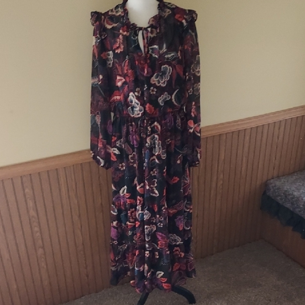 Floral Long Sleeve Maxi Dress - Black with Multicolor Floral Print